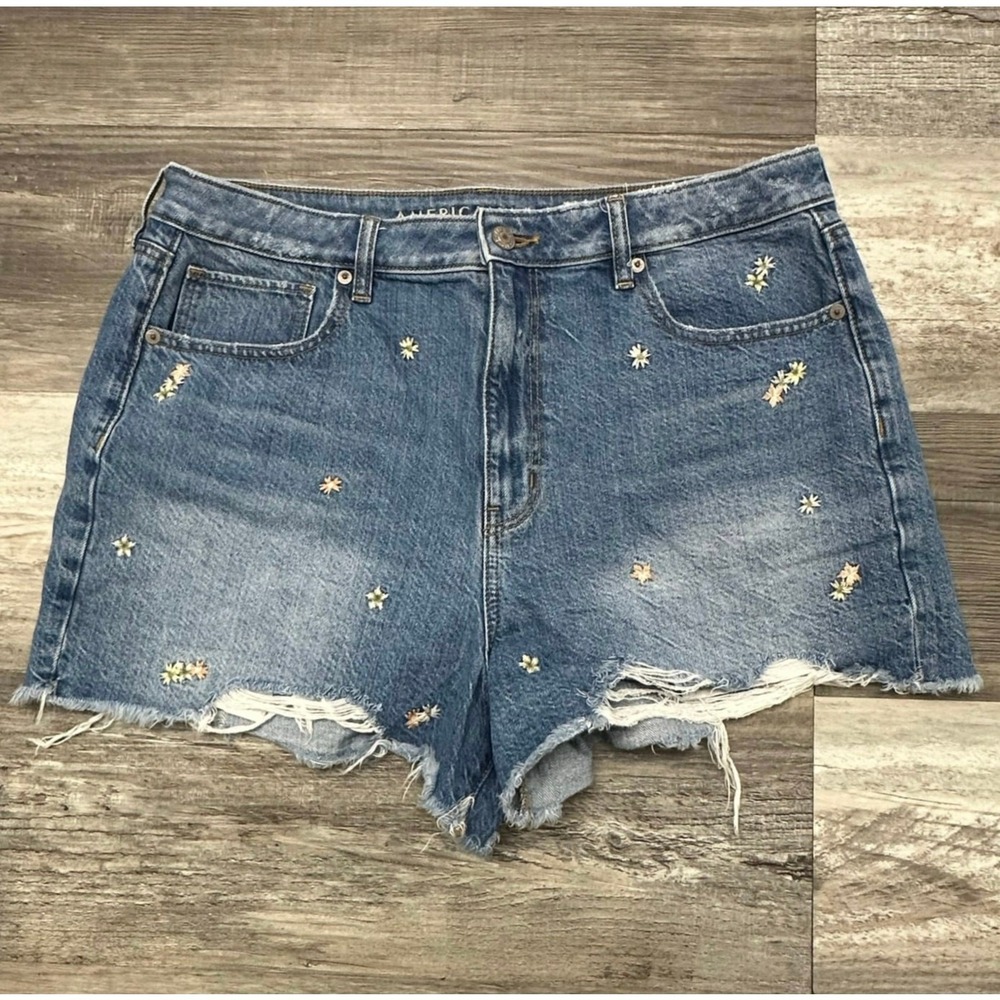 American Eagle Blue Womens 14 Floral Distressed Cut Off Mom Jean Shorts Jorts